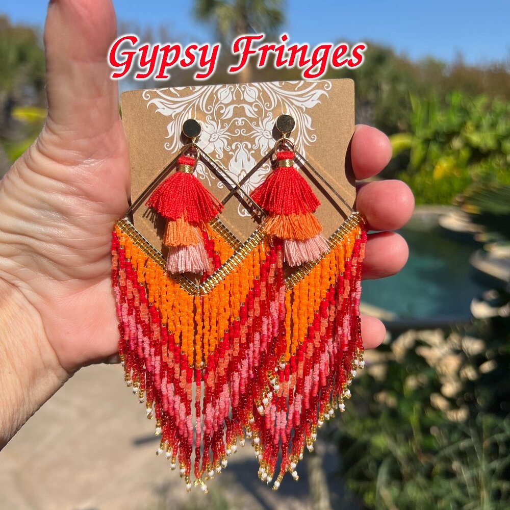 Handmade Beaded Long Tassel Fringe Dangle Drop Bohemian Post Diamond Earrings